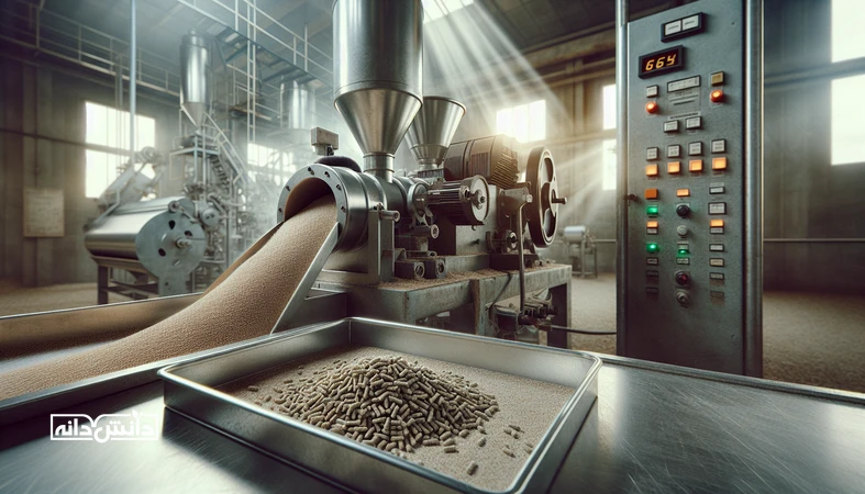نمای صنعتی از آسیاب و خط پلت خوراک طیور با تمرکز بر اندازه ذرات و کیفیت پلت برای مرغ گوشتی
