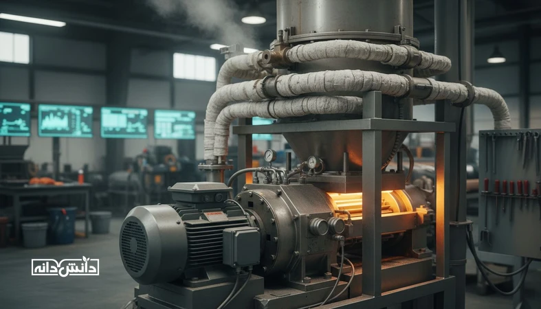 نمای صنعتی دستگاه پلت و کاندیشنر با موتور و خطوط بخار برای موضوع کاهش مصرف انرژی در پلتینگ و بهینه سازی بخار و نگهداری