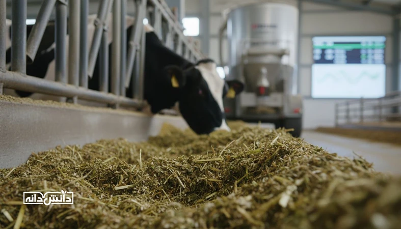 نمای نزدیک از خوراک TMR با ذرات علوفه و گاو شیری در آخور، مرتبط با تنظیم فیبر موثر peNDF، نشخوار و pH شکمبه