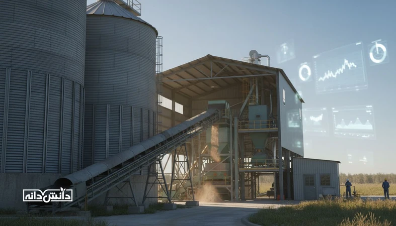نمای واقعی از سیلو و تجهیزات کارخانه خوراک برای توضیح مدیریت خوراک مرحله ای (Phase Feeding) و اثر آن بر کاهش هزینه و بهبود FCR