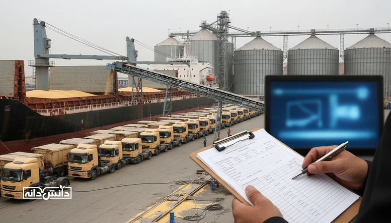 نمای بندر و سیلوهای غلات در فرآیند ترخیص نهاده دامی و مدیریت دموراژ در واردات خوراک دام