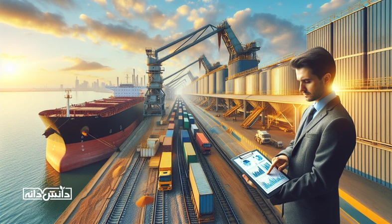 نمای بندر و لجستیک انتقال نهاده دامی از سیلو به کامیون برای توضیح اختلاف قیمت نهاده بین بندر و مقصد و اجزای هزینه حمل و انبارش