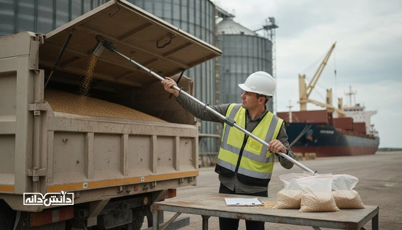 بازرسی و نمونه برداری کنترل کیفیت قبل از بارگیری نهاده دامی در بندر برای جلوگیری از محموله مسئله دار