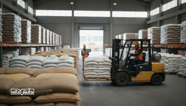 انبار نهاده های دامی با سیلو و پالت های ذرت و کنجاله، نماد سنجش ریسک قیمت و تصمیم خرید نقدی، اعتباری و مرحله ای