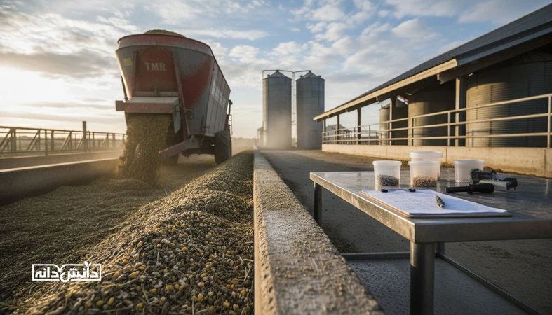 نمایی مستند از خوراک TMR در دامداری و تجهیزات خوراک سازی برای توضیح چربی های محافظت شده در جیره و افزایش انرژی بدون اسیدوز