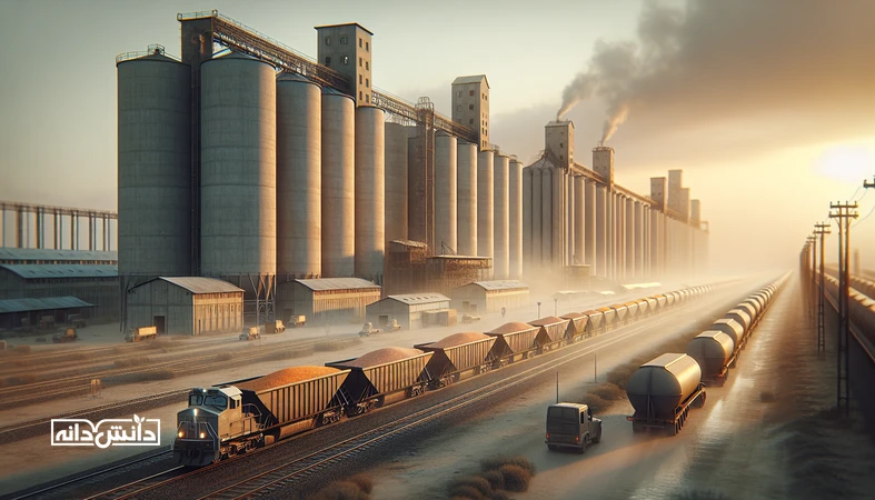 مقایسه حمل ریلی و جاده‌ای نهاده‌های دامی در ایران با نمایش واگن‌های باری، سیلو و کامیون‌ها برای تحلیل هزینه و ریسک لجستیک