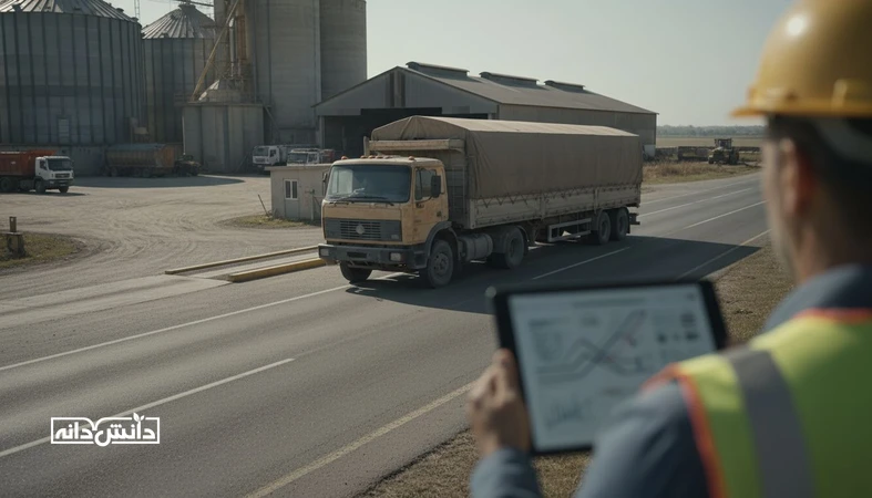 کامیون حمل جاده‌ای نهاده دامی در کنار سیلو و انبار، نمایش موضوع بهینه‌سازی مسیر و کنترل هزینه کرایه حمل