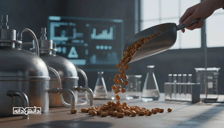 نمای نزدیک خوراک پلت قزل‌آلا و تجهیزات صنعتی؛ مفهوم انتخاب پروتئین و چربی در جیره اقتصادی و مدیریت FCR